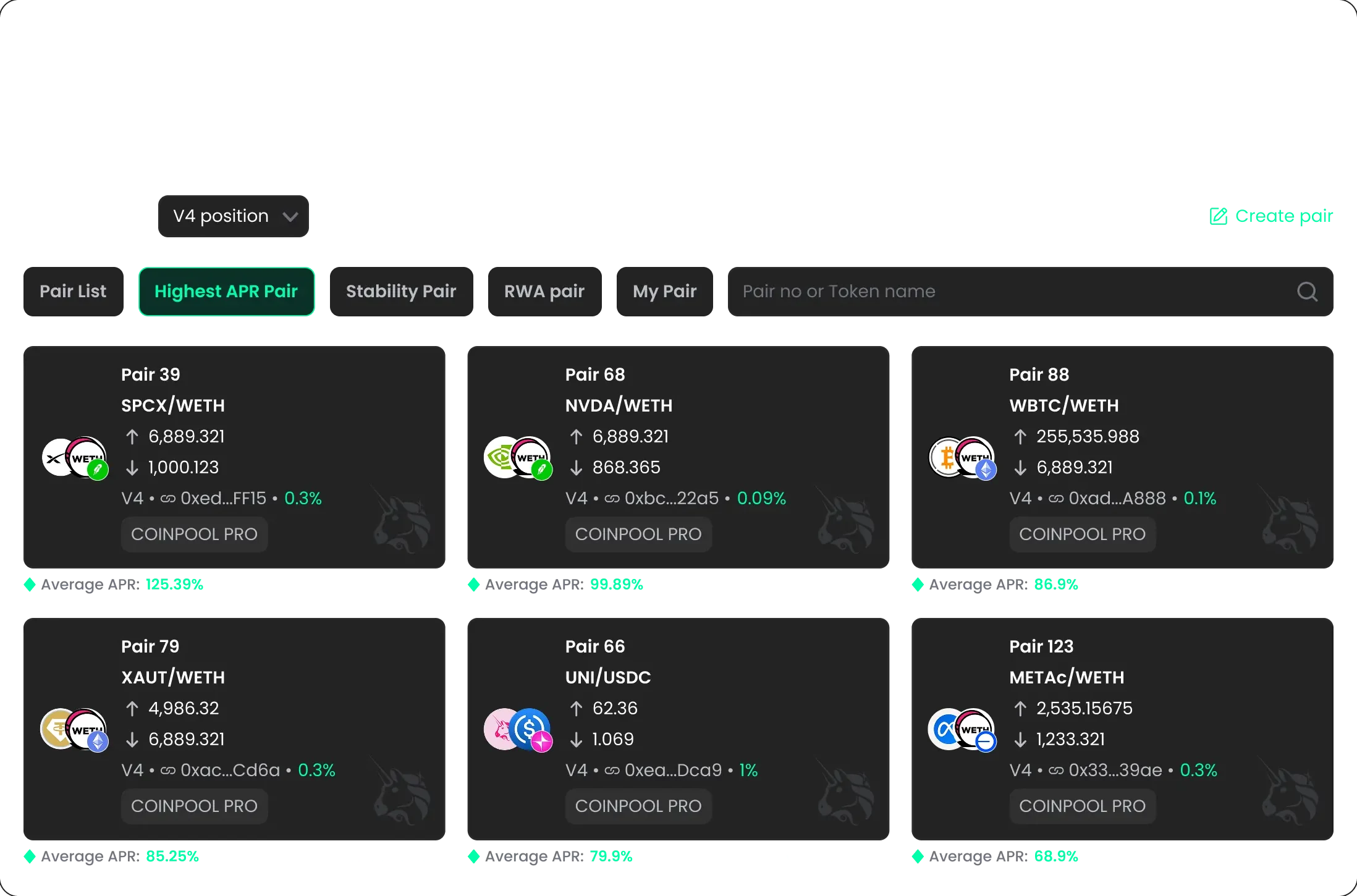 CoinPool Pro dashboard showing available liquidity pairs and their average APR